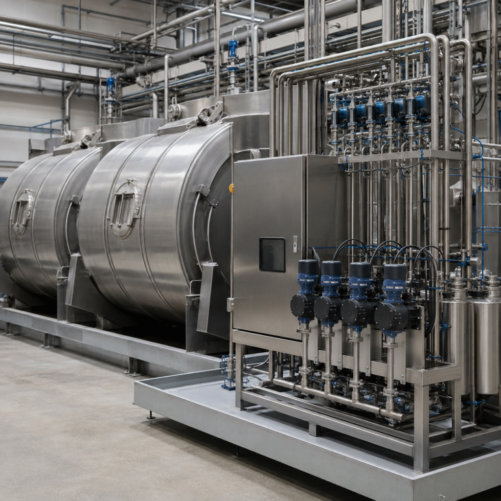 Closed chemical dosing system beside stainless leather processing drums in a tannery