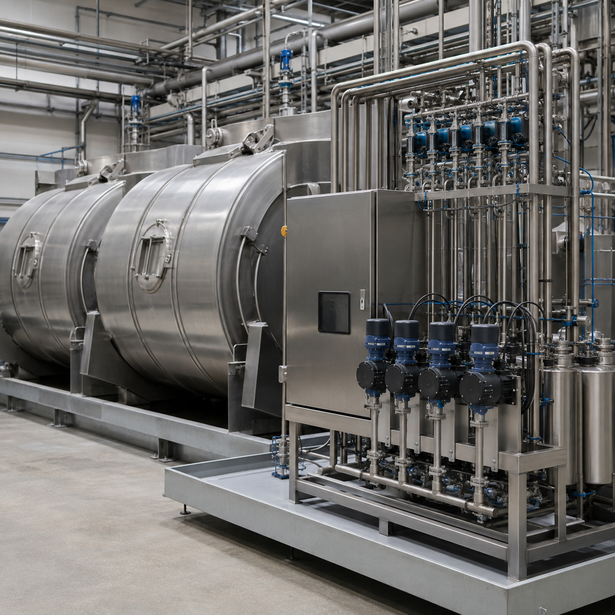 Closed chemical dosing system beside stainless leather processing drums in a tannery