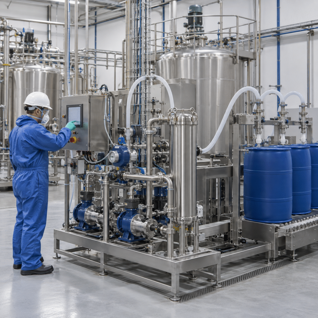 Industrial limescale remover blending line with closed glacial acetic acid feed and unbranded drums