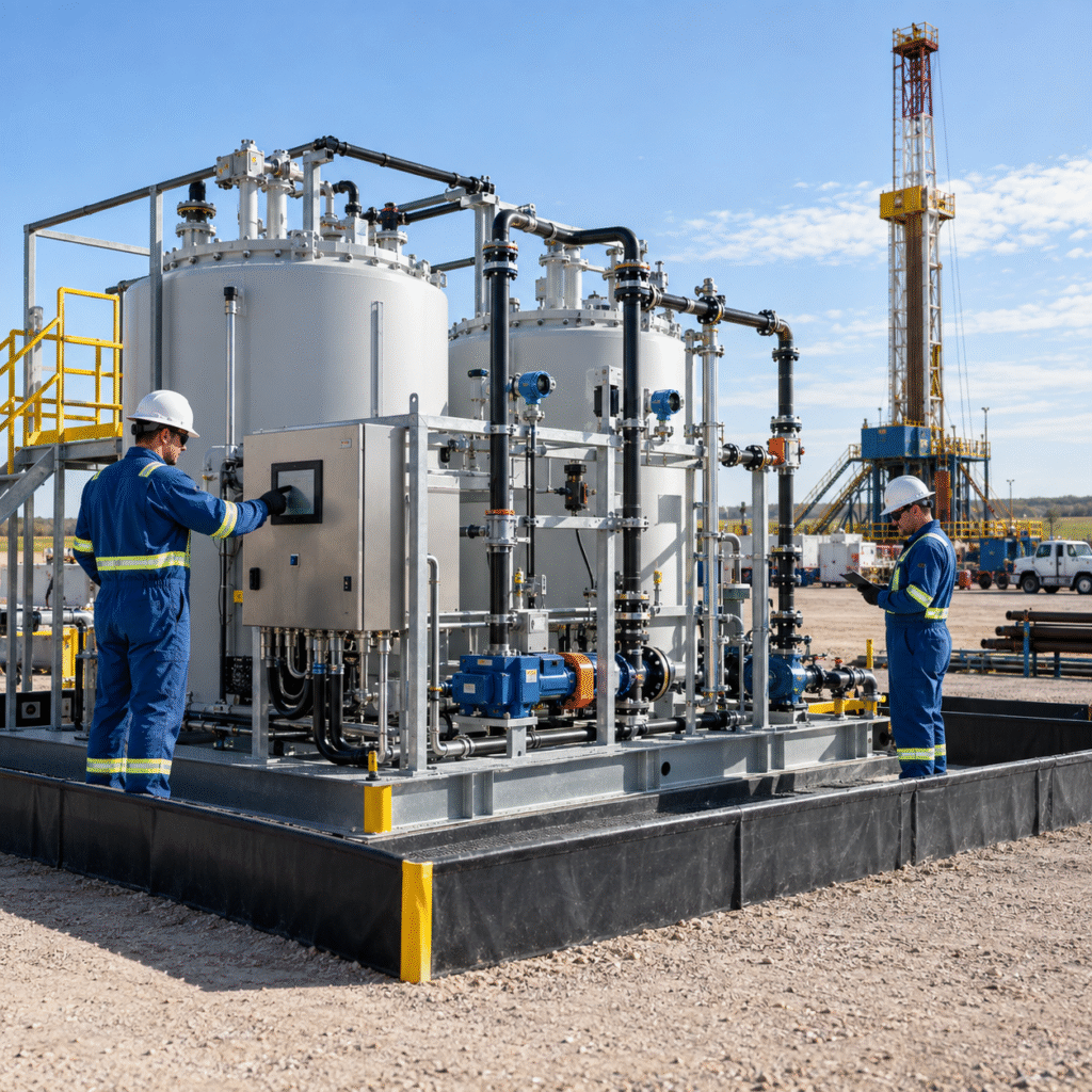 Closed chemical blending skid preparing glacial acetic acid for an oilfield stimulation program