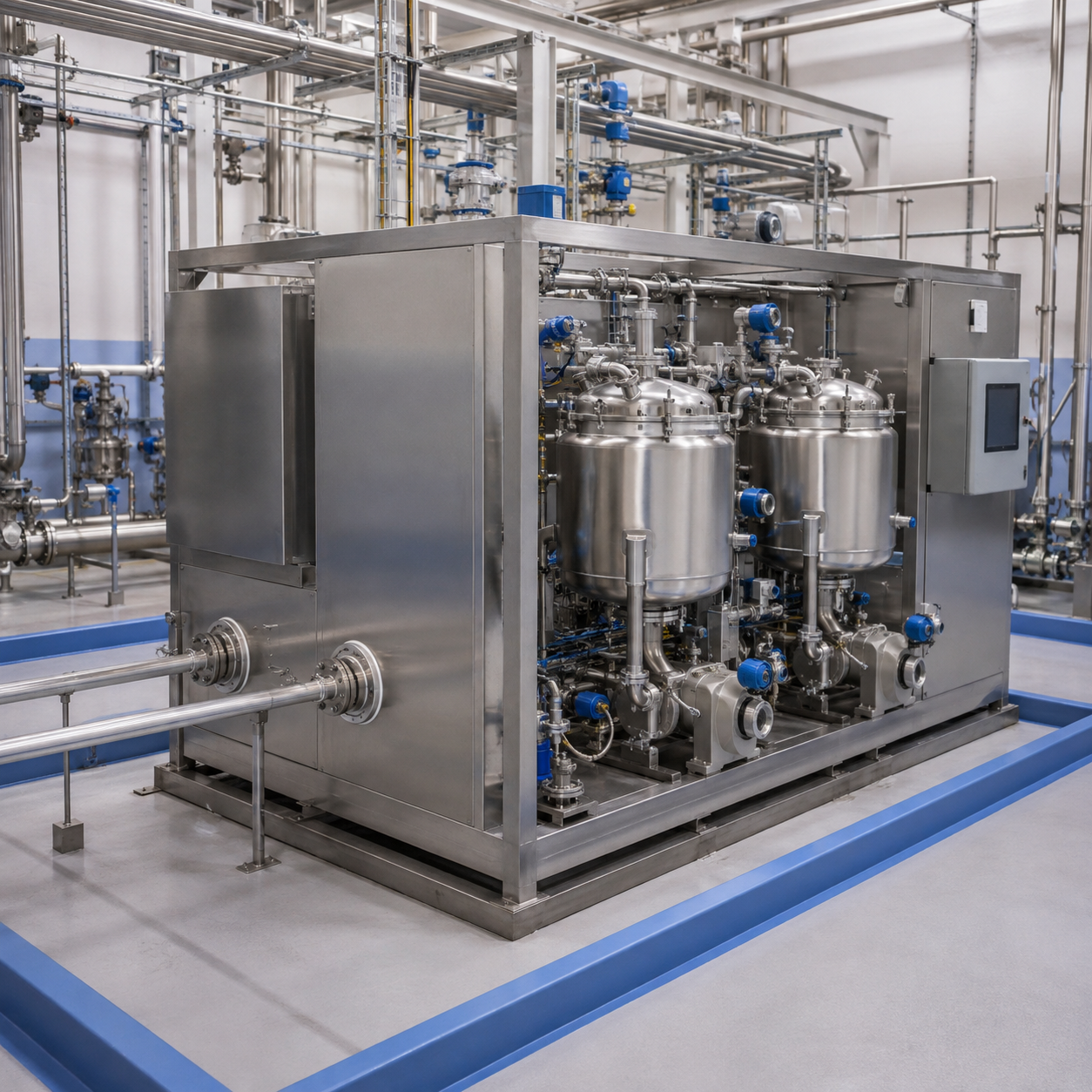 Closed stainless steel feed and blending system for industrial peracetic acid production