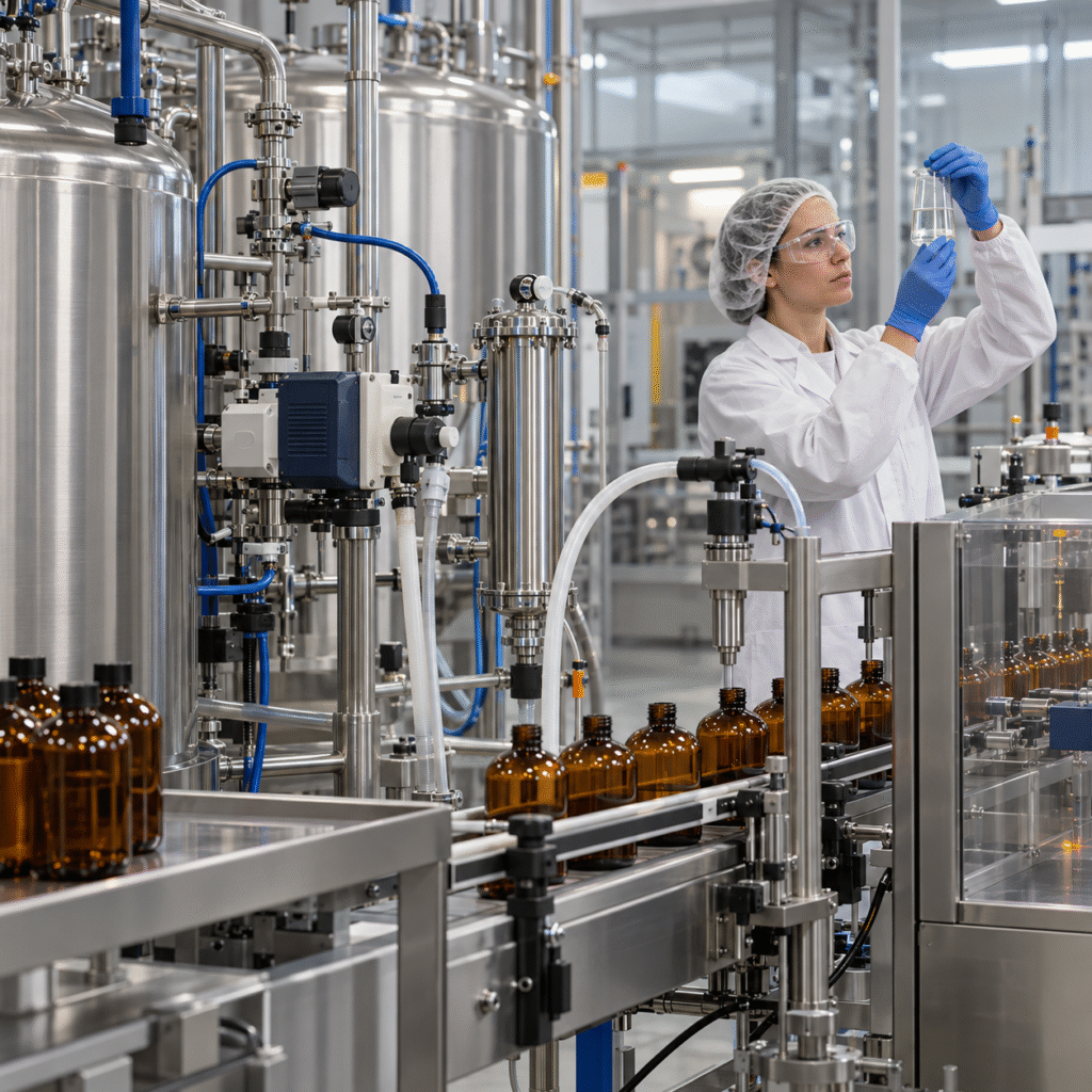 Photographic processing chemical plant with closed glacial acetic acid feed and amber container filling line