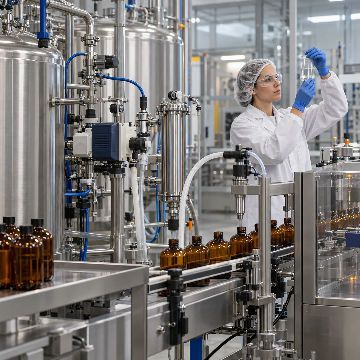 Photographic processing chemical plant with closed glacial acetic acid feed and amber container filling line