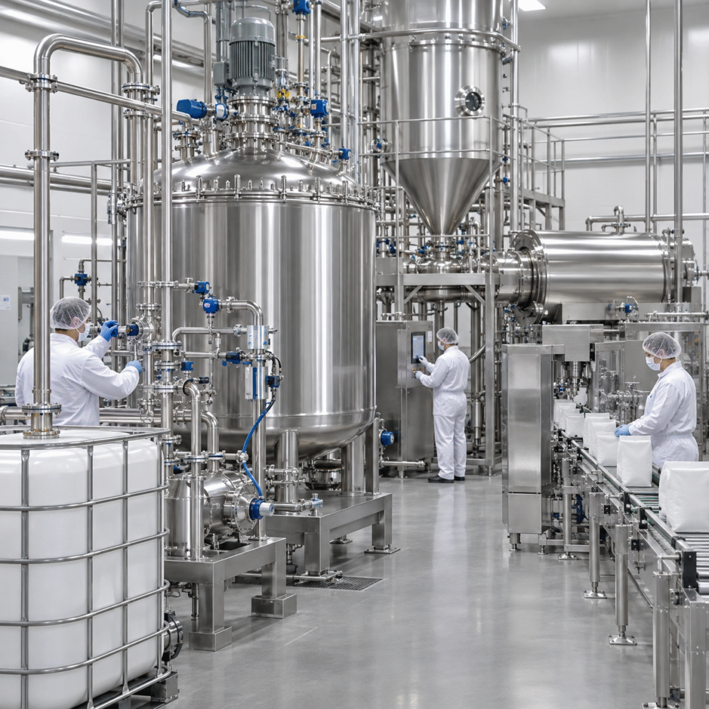 Hygienic sodium diacetate production line with closed glacial acetic acid feed and crystallization equipment