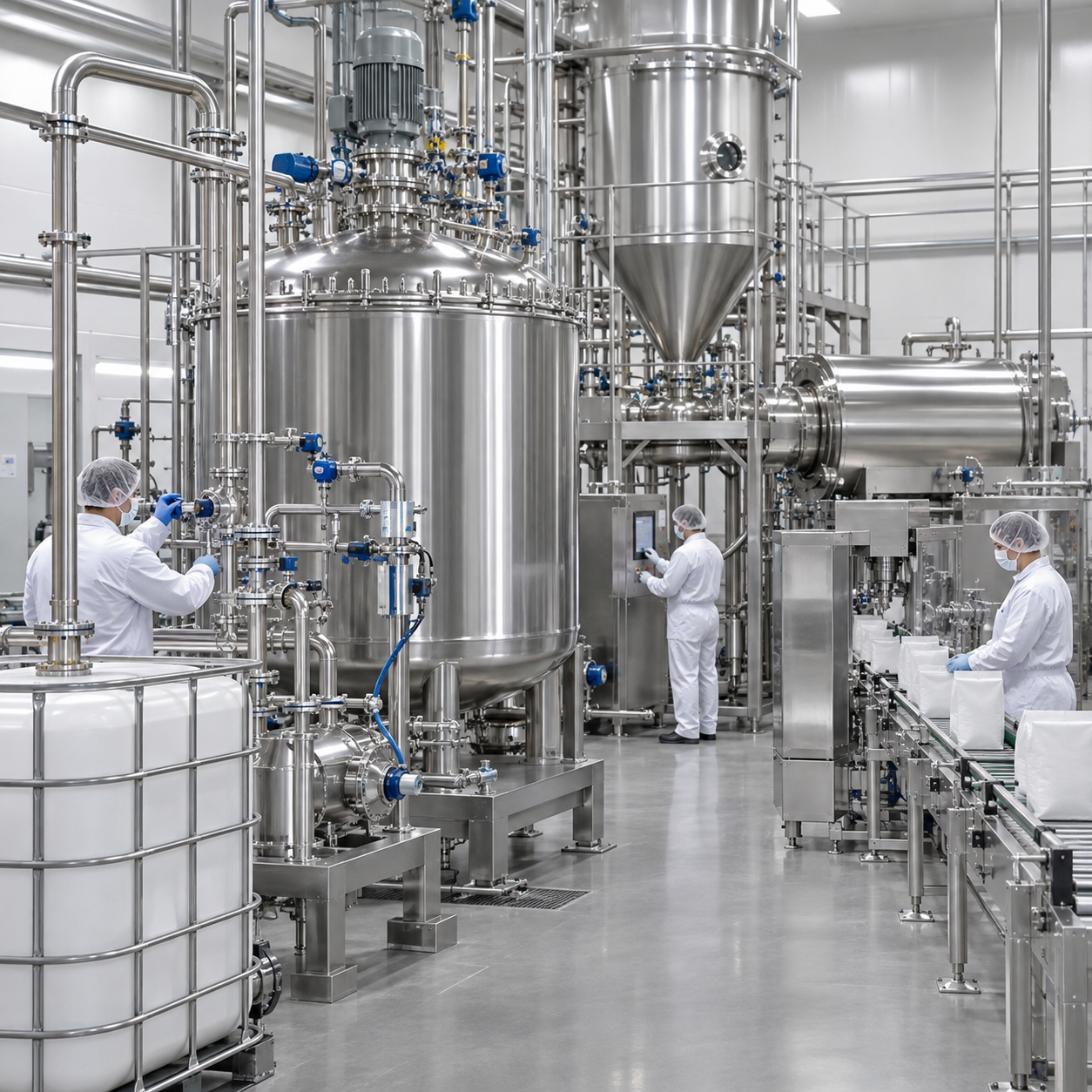 Hygienic sodium diacetate production line with closed glacial acetic acid feed and crystallization equipment