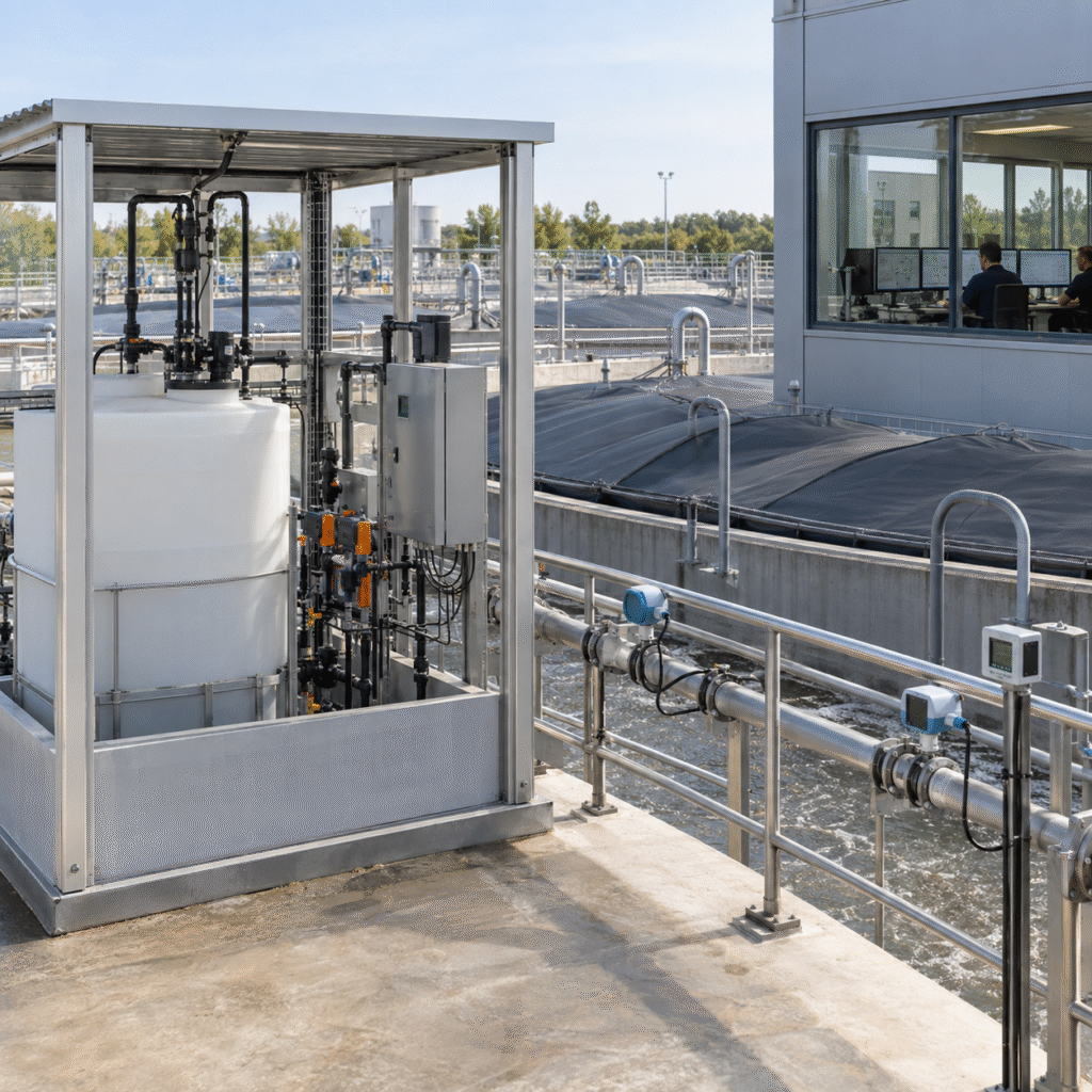 Industrial wastewater treatment plant dosing glacial acetic acid into a denitrification process