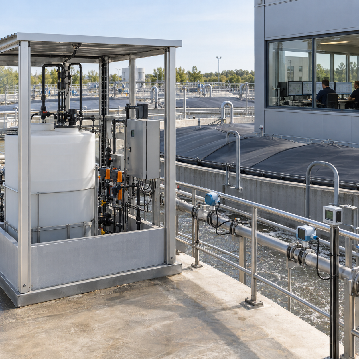 Industrial wastewater treatment plant dosing glacial acetic acid into a denitrification process