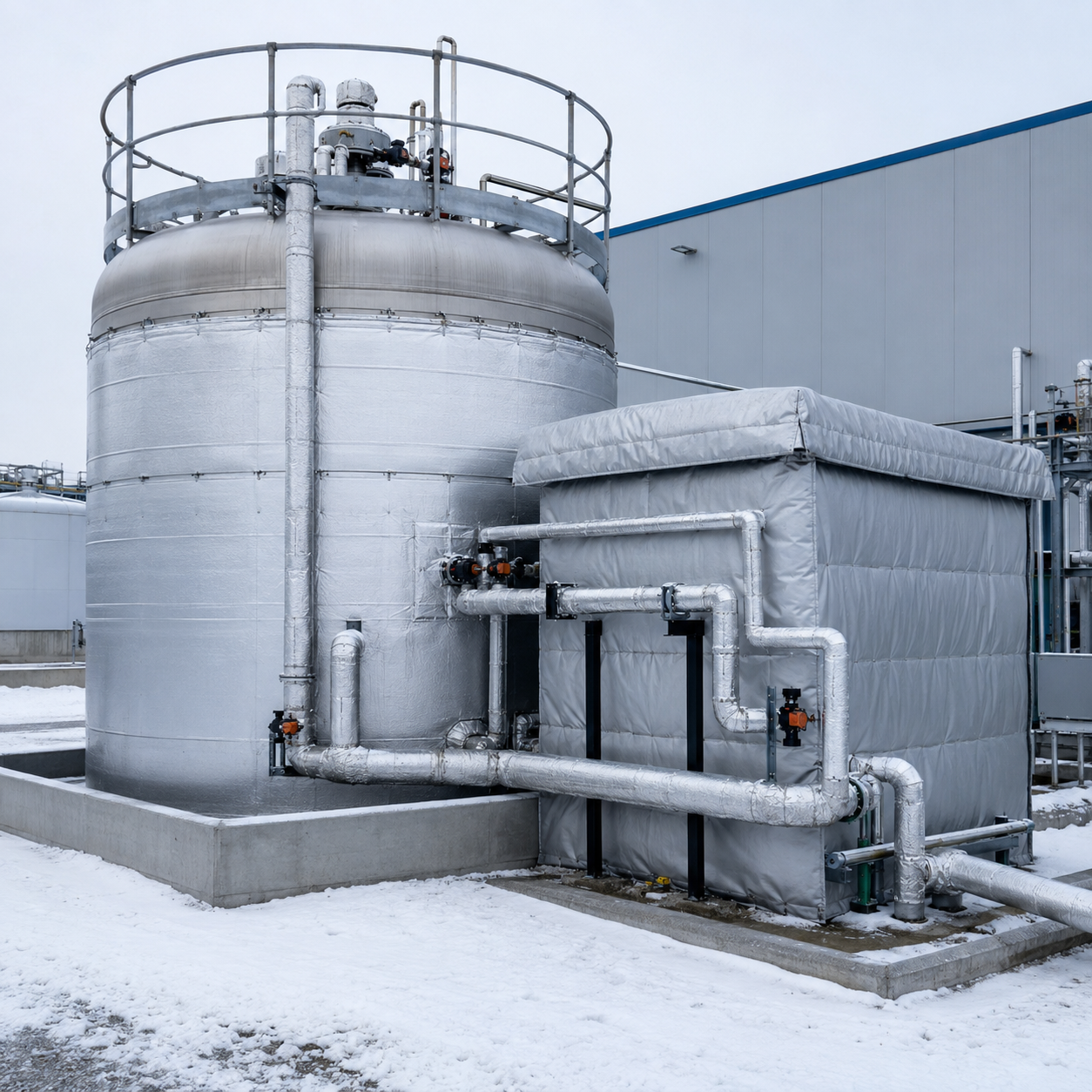 Insulated glacial acetic acid storage and closed warming system during winter operations