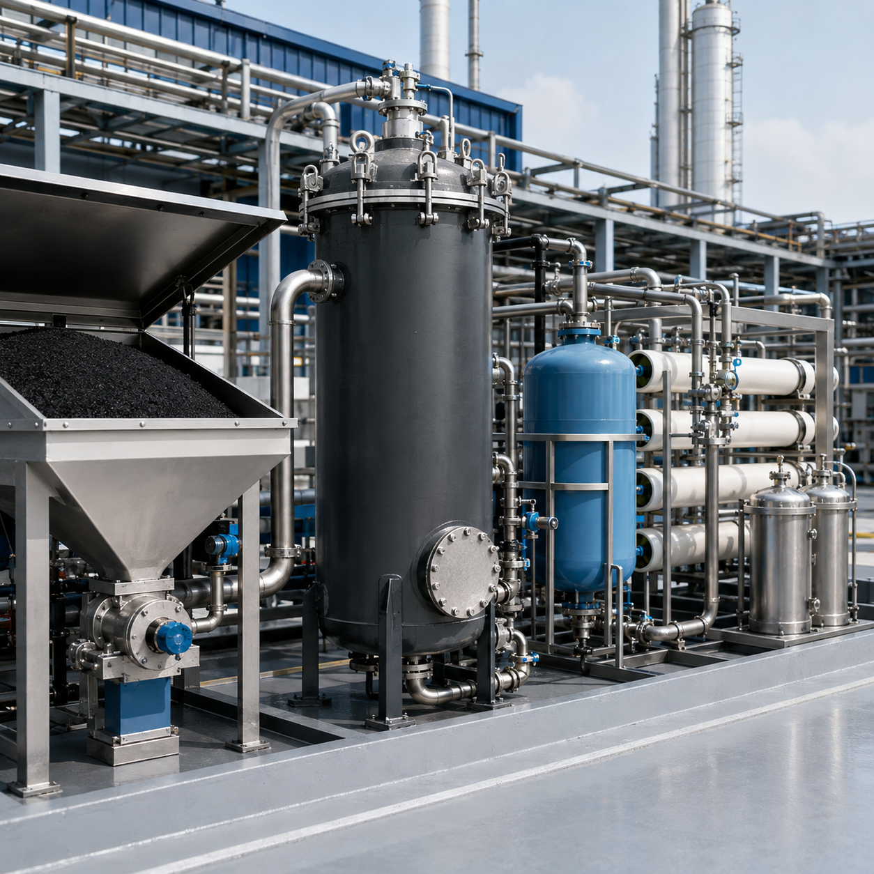 Closed hydrochloric acid washing and filtration system processing granular activated carbon