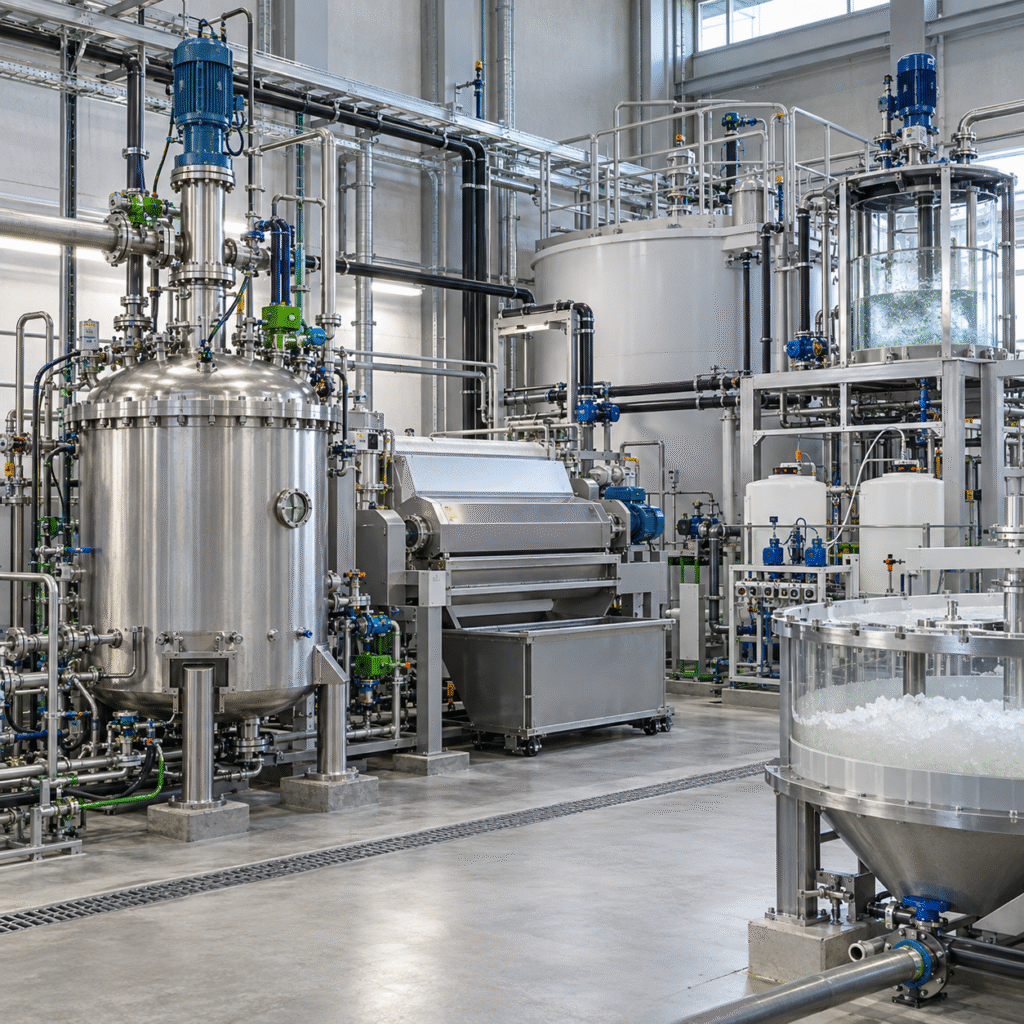 Closed chitin demineralization line with hydrochloric acid reactor filtration and rinsing equipment