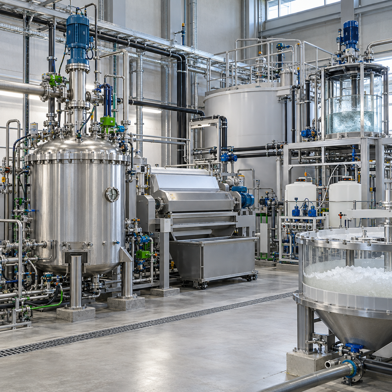 Closed chitin demineralization line with hydrochloric acid reactor filtration and rinsing equipment