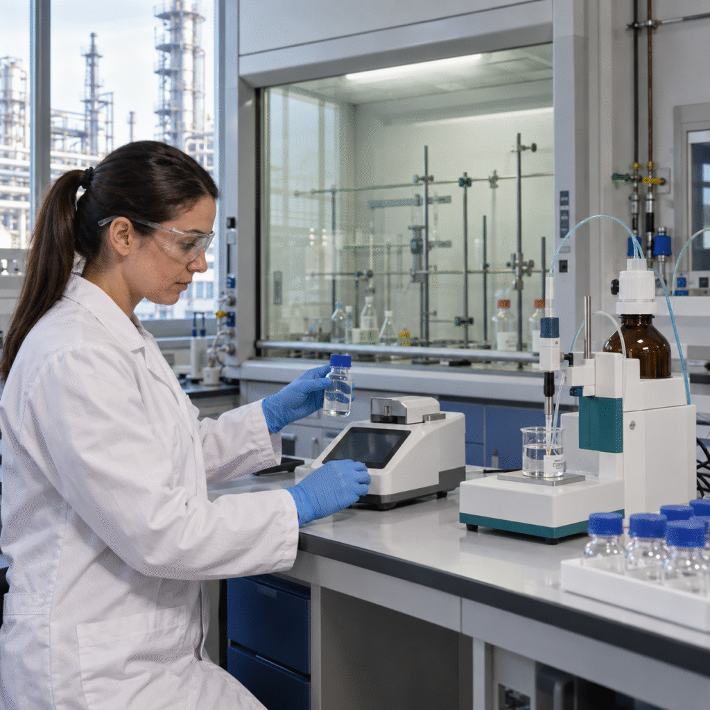 Laboratory analyst verifying hydrochloric acid concentration with density and titration instruments