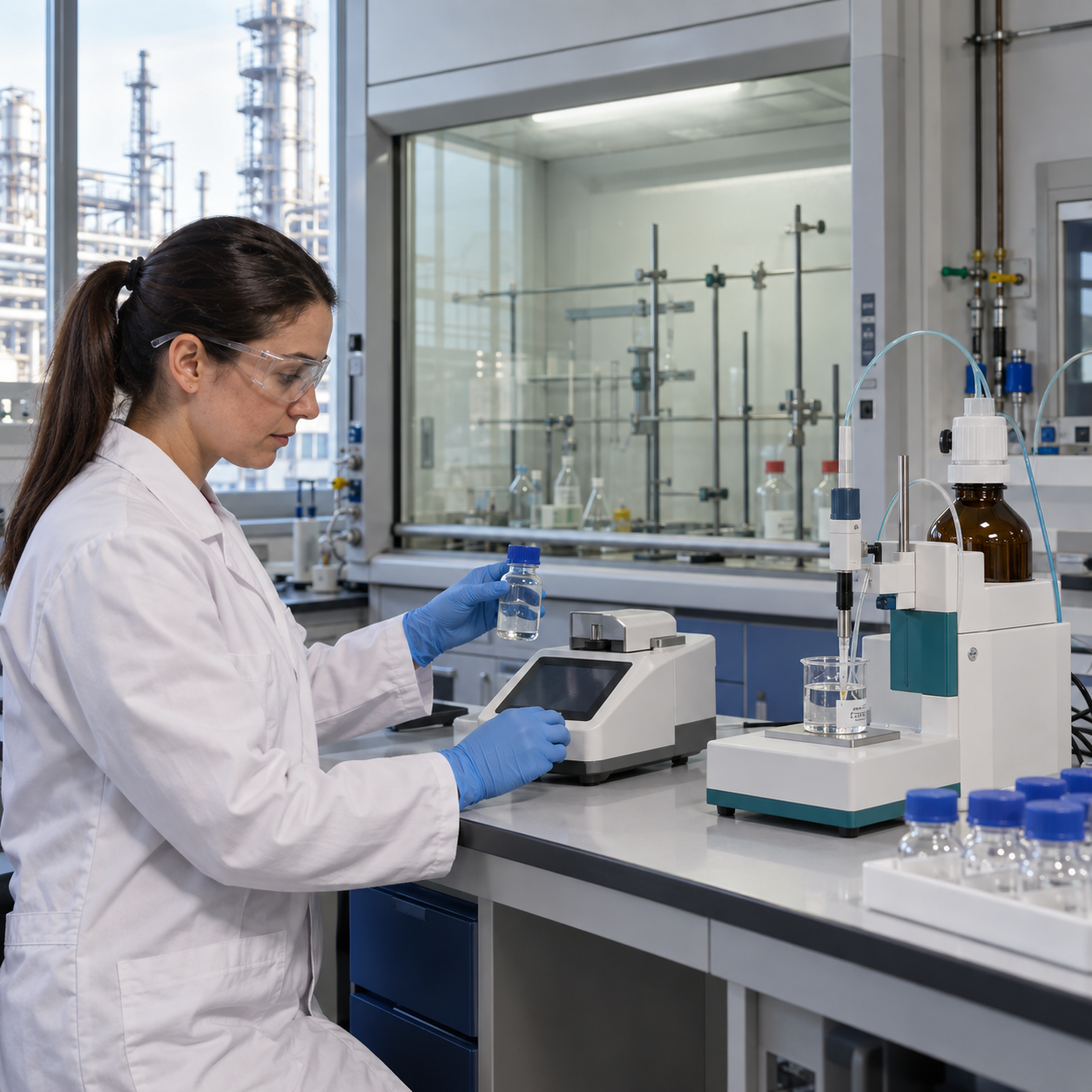 Laboratory analyst verifying hydrochloric acid concentration with density and titration instruments