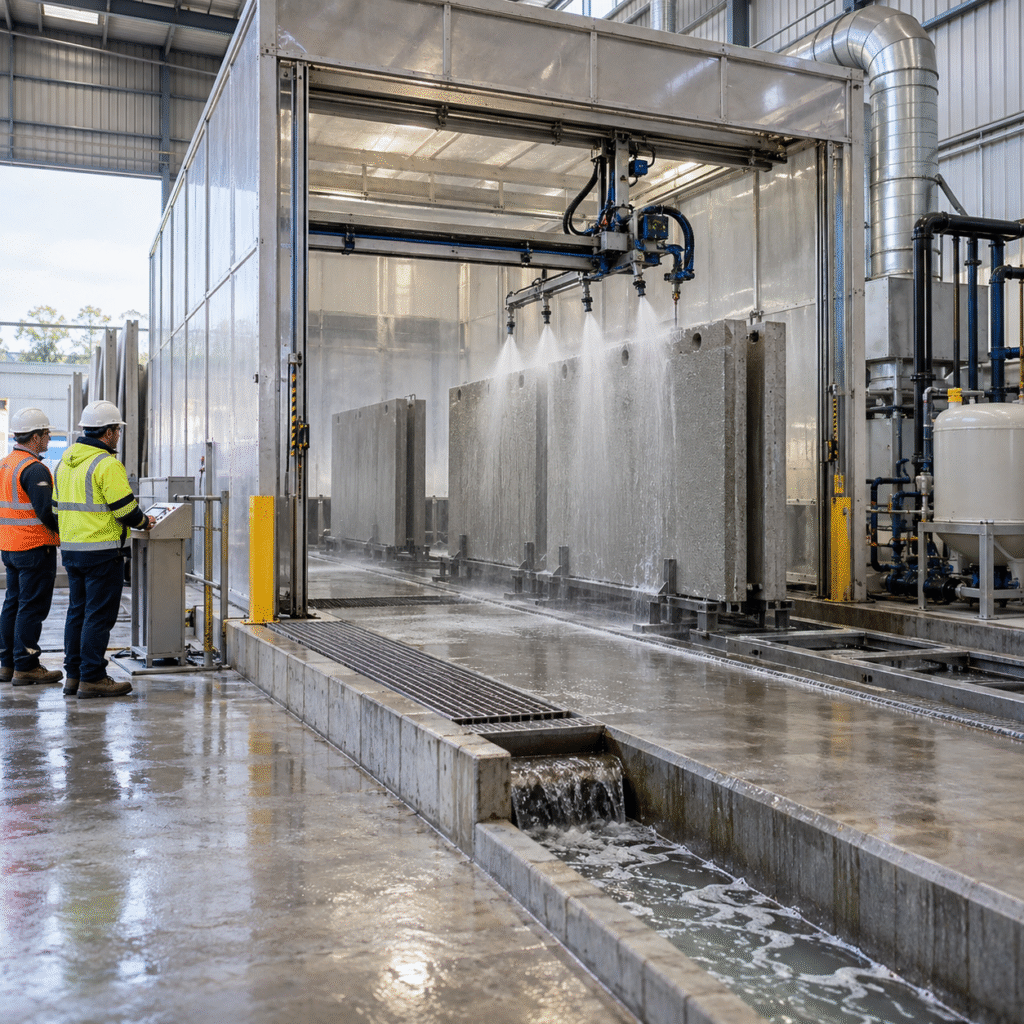 Enclosed industrial concrete surface preparation line with captured rinse water and remote monitoring