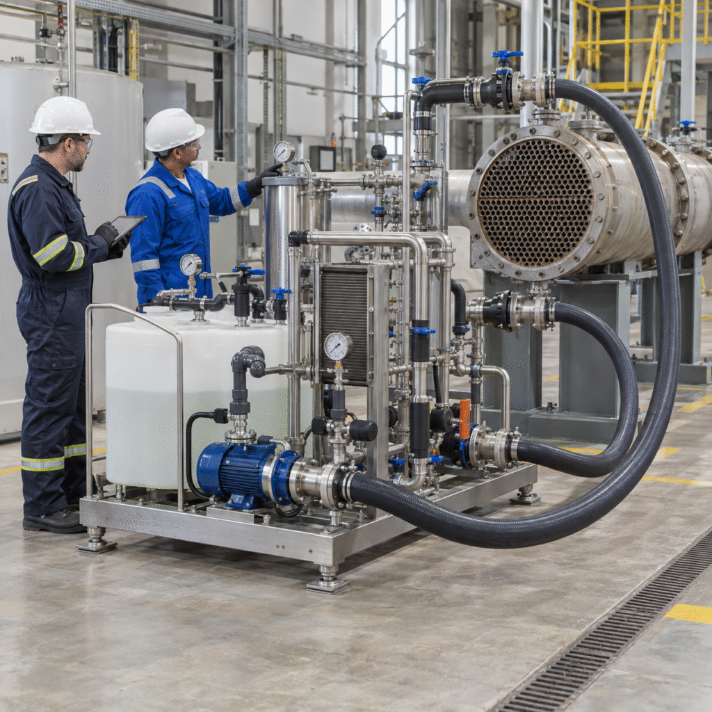 Closed hydrochloric acid circulation skid connected to an industrial shell-and-tube heat exchanger