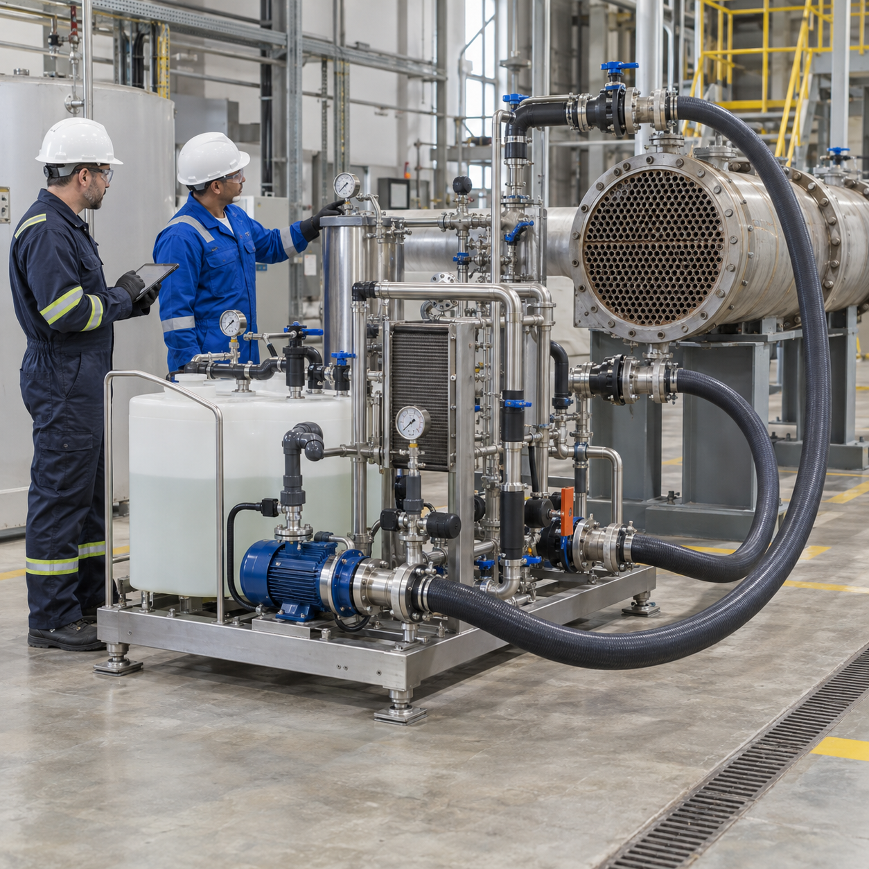 Closed hydrochloric acid circulation skid connected to an industrial shell-and-tube heat exchanger
