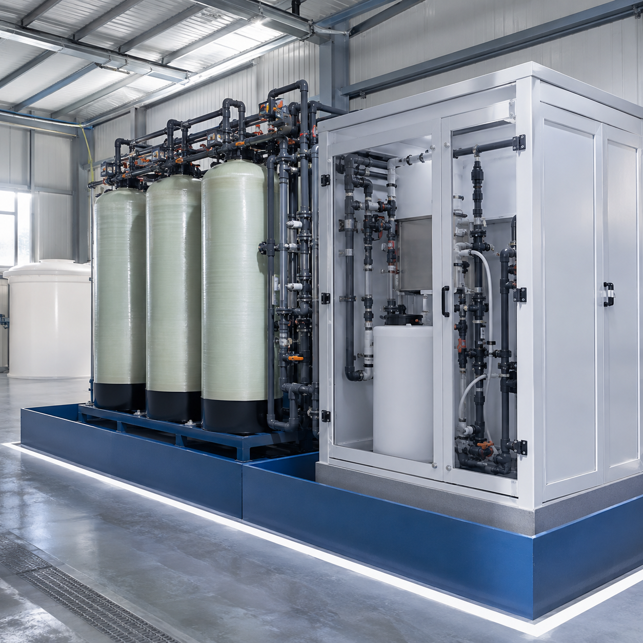 Closed hydrochloric acid dosing skid regenerating industrial ion exchange resin columns