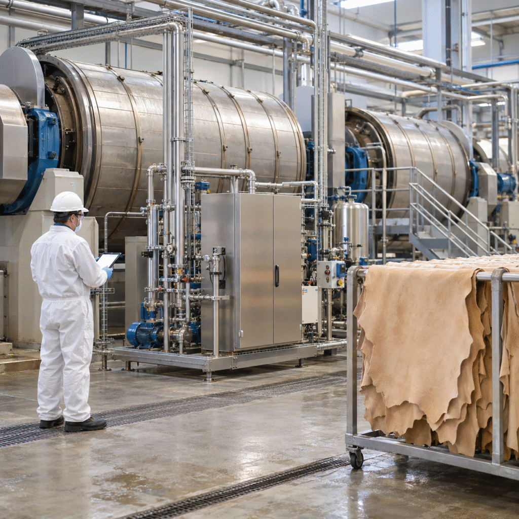 Technician monitoring closed hydrochloric acid dosing for leather hide pickling drums