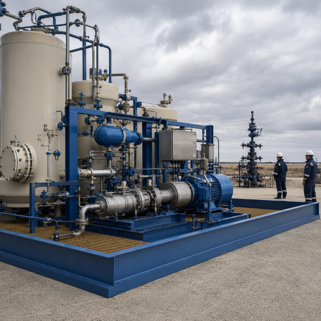 Closed hydrochloric acid blending and pumping equipment at an oilfield wellsite