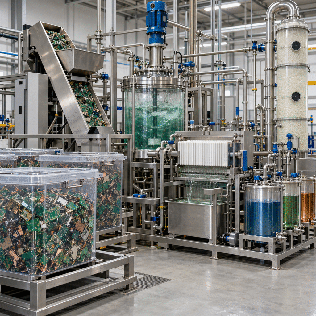 Printed circuit board recycling pilot with closed hydrochloric acid reactor filtration and scrubber