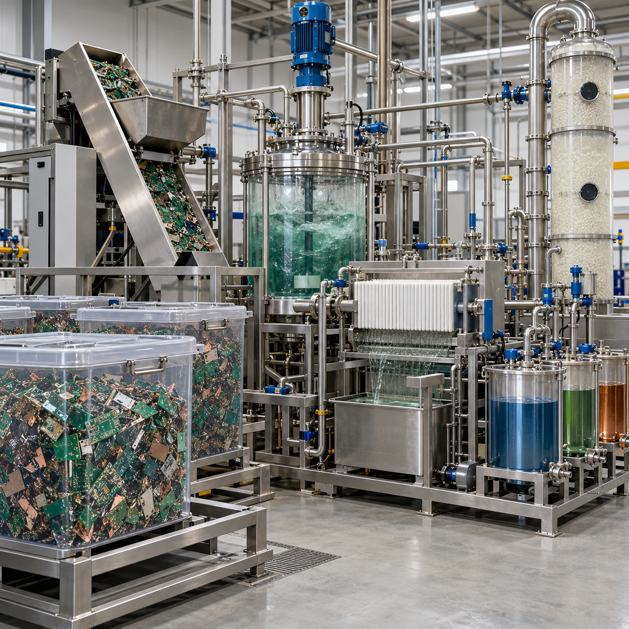 Printed circuit board recycling pilot with closed hydrochloric acid reactor filtration and scrubber
