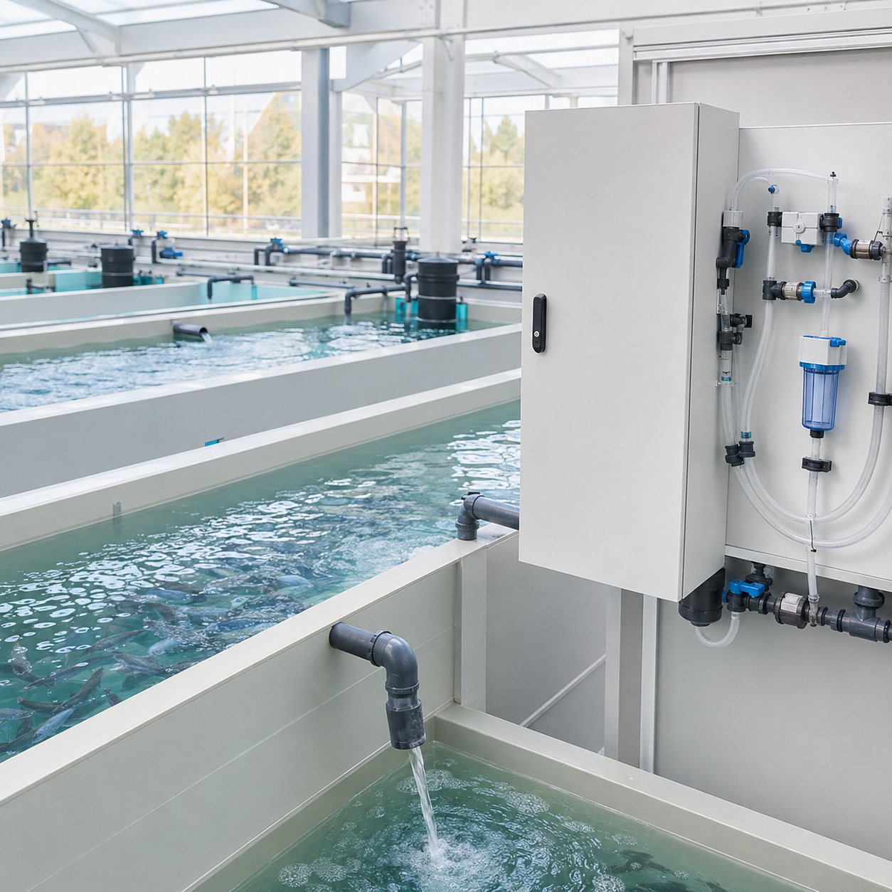 Closed hydrogen peroxide dosing system beside a modern freshwater aquaculture facility