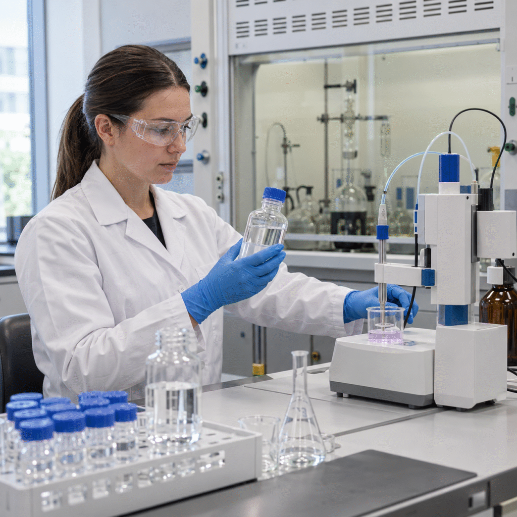 Laboratory analyst verifying hydrogen peroxide concentration with an automatic titration system
