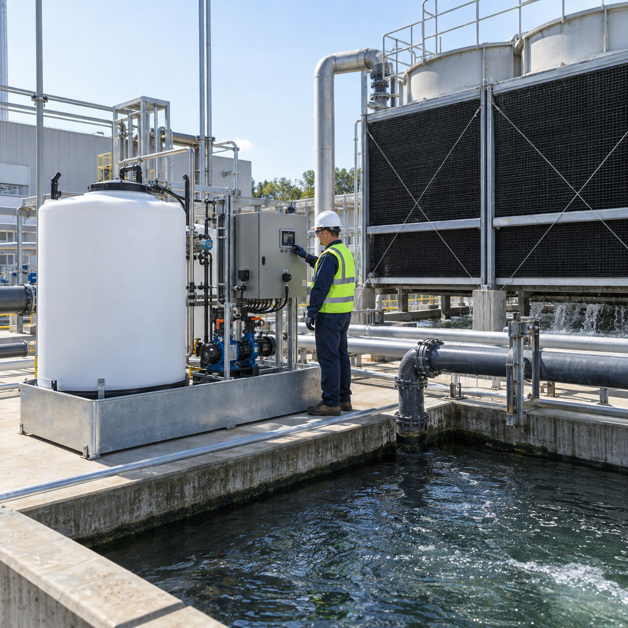 Closed hydrogen peroxide dosing and monitoring skid beside an industrial cooling tower basin