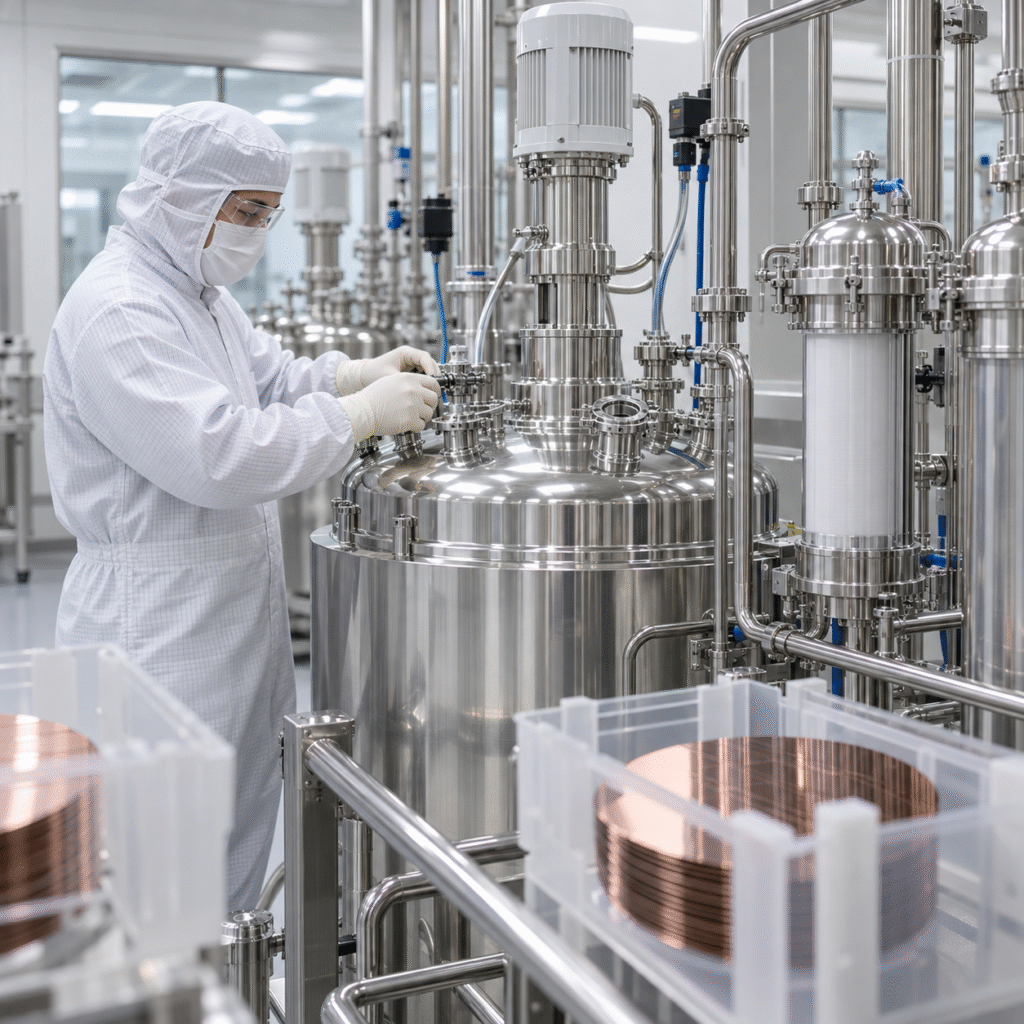 Cleanroom technician beside closed high-purity blending equipment for copper CMP slurry