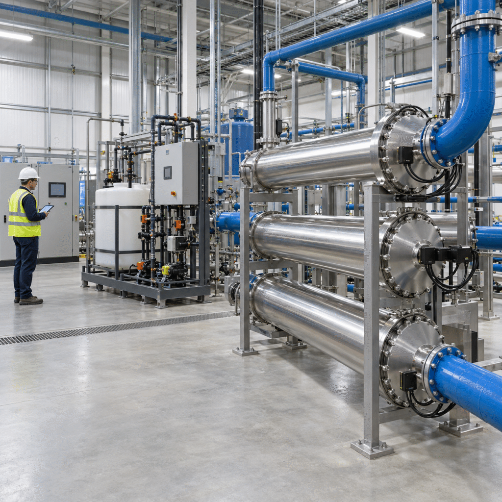 Modern drinking-water plant with enclosed UV reactors and a closed hydrogen peroxide dosing skid