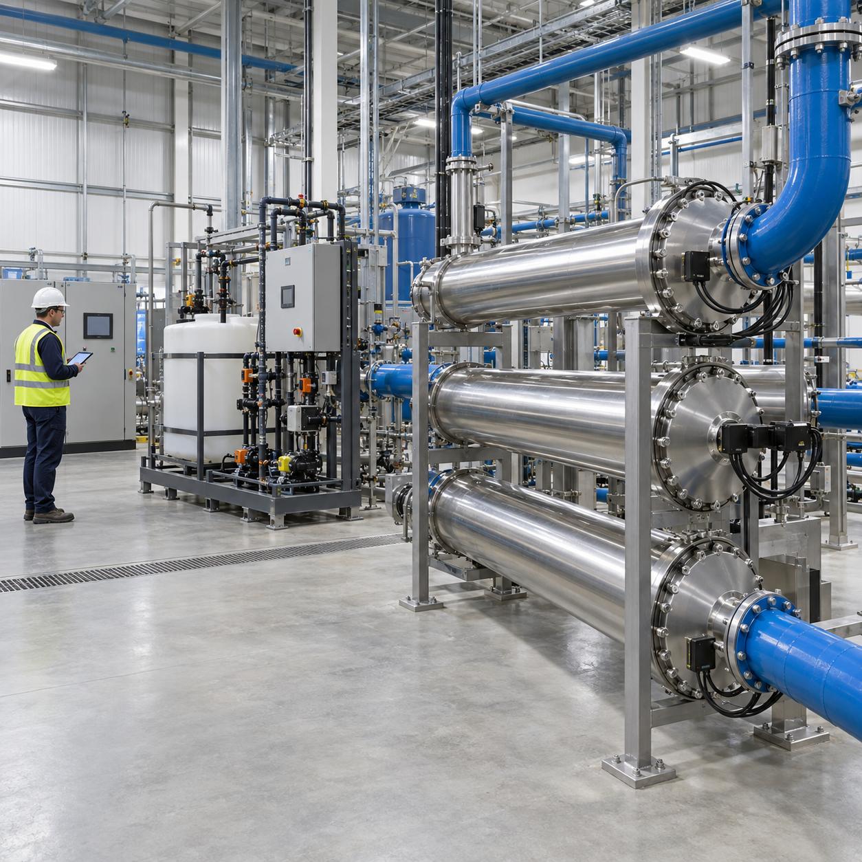 Modern drinking-water plant with enclosed UV reactors and a closed hydrogen peroxide dosing skid
