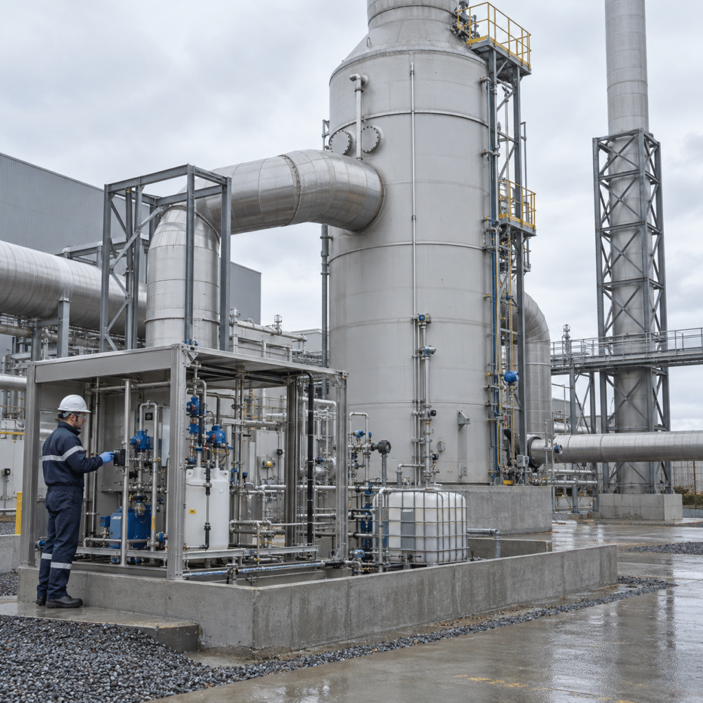 Industrial wet scrubber and closed hydrogen peroxide dosing skid for flue-gas oxidation
