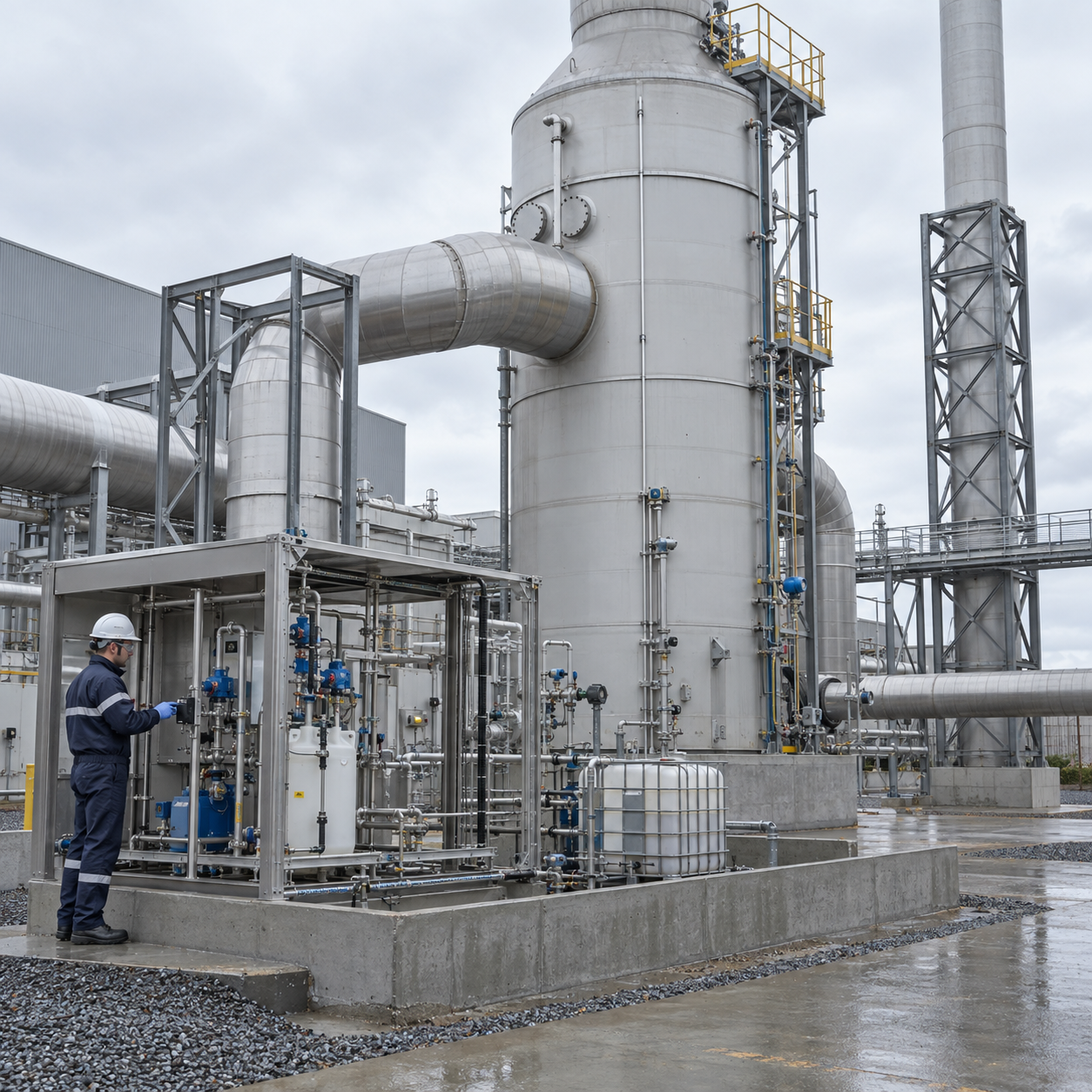 Industrial wet scrubber and closed hydrogen peroxide dosing skid for flue-gas oxidation