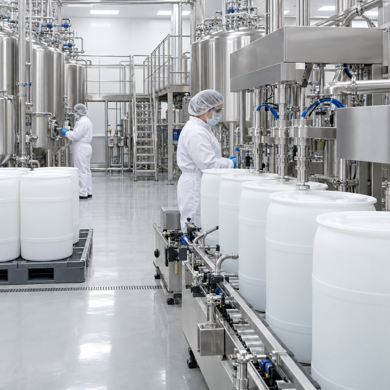 Hygienic chemical manufacturing line filling unbranded containers from closed stainless steel equipment