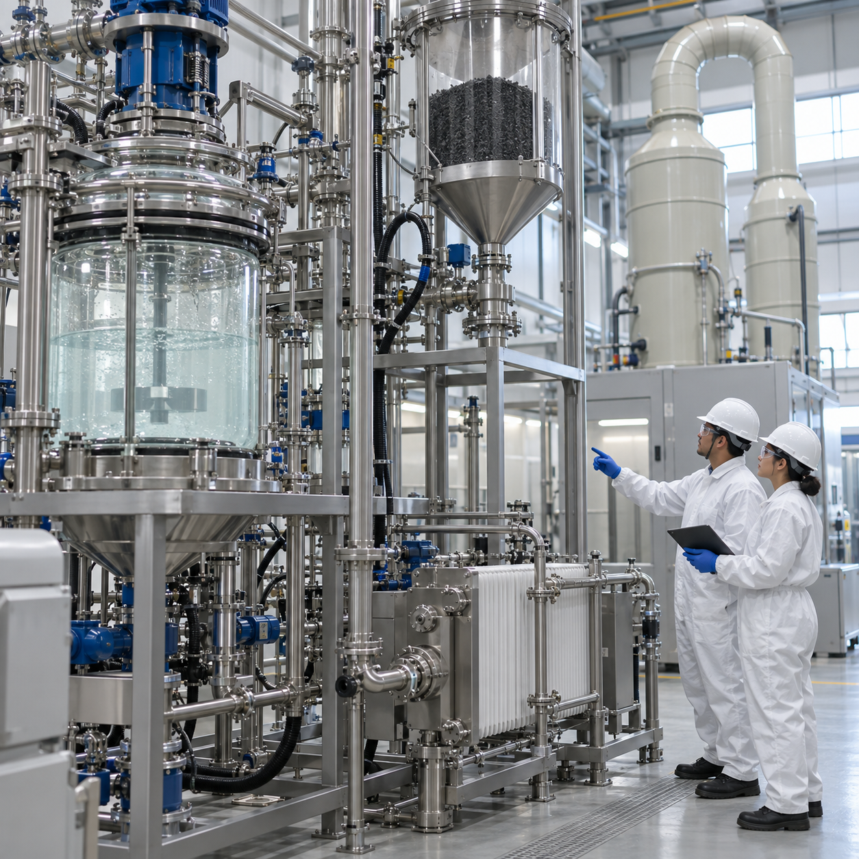 Closed hydrometallurgical pilot plant for lithium battery black mass with engineers in full PPE