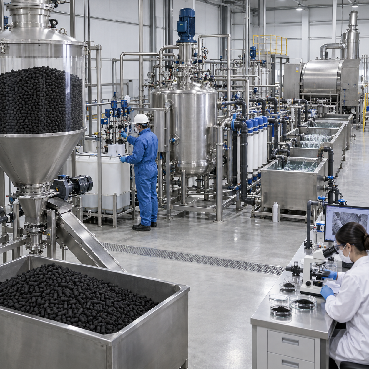 Closed activated carbon surface modification line with nitric acid reactor washing and analysis