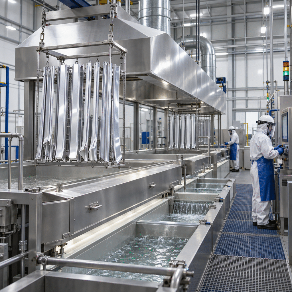 Enclosed aluminum bright-dipping line using controlled nitric acid bath chemistry