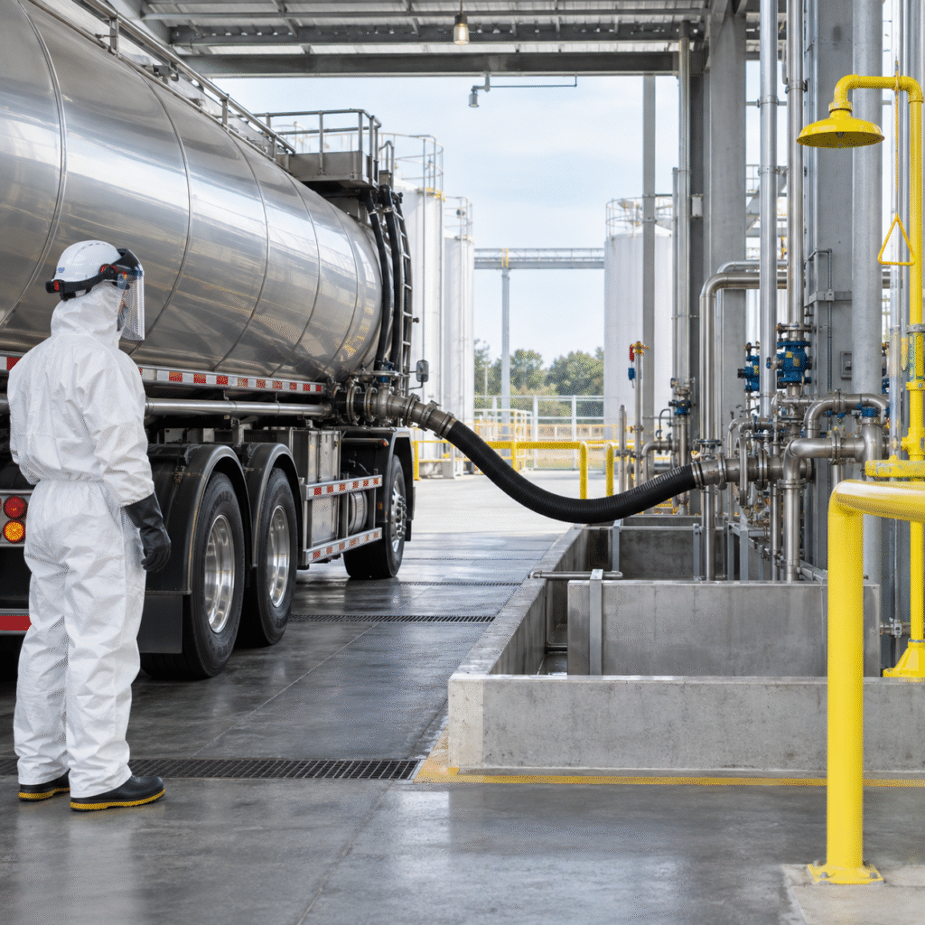 Bulk nitric acid tanker unloading at an industrial site with trained workers in chemical protective equipment