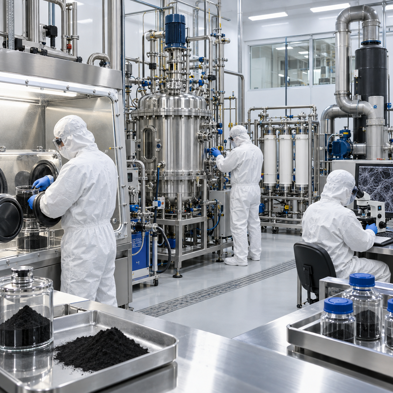 Closed carbon nanotube purification pilot with nitric acid reactor washing and microscopy analysis