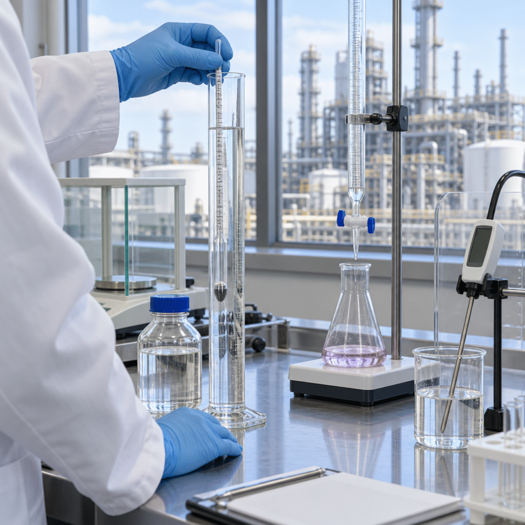 Laboratory analyst verifying nitric acid concentration with a hydrometer and titration equipment