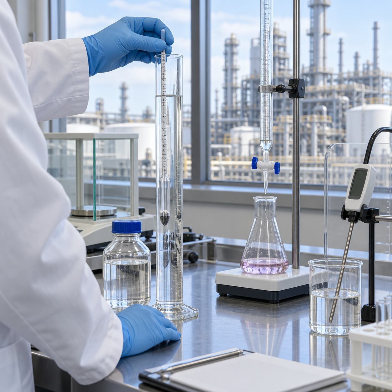 Laboratory analyst verifying nitric acid concentration with a hydrometer and titration equipment
