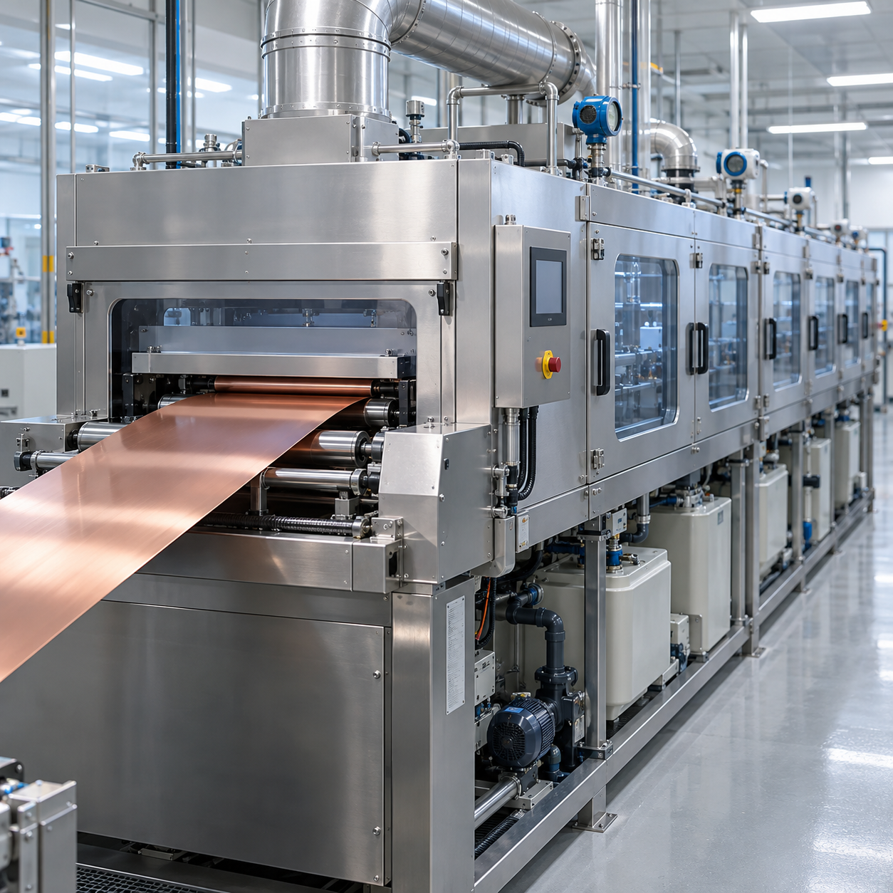 Enclosed industrial copper etching line with ventilation and chemical process tanks