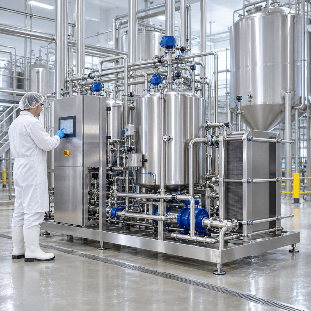 Engineer operating a closed dairy clean-in-place system supplied with nitric acid
