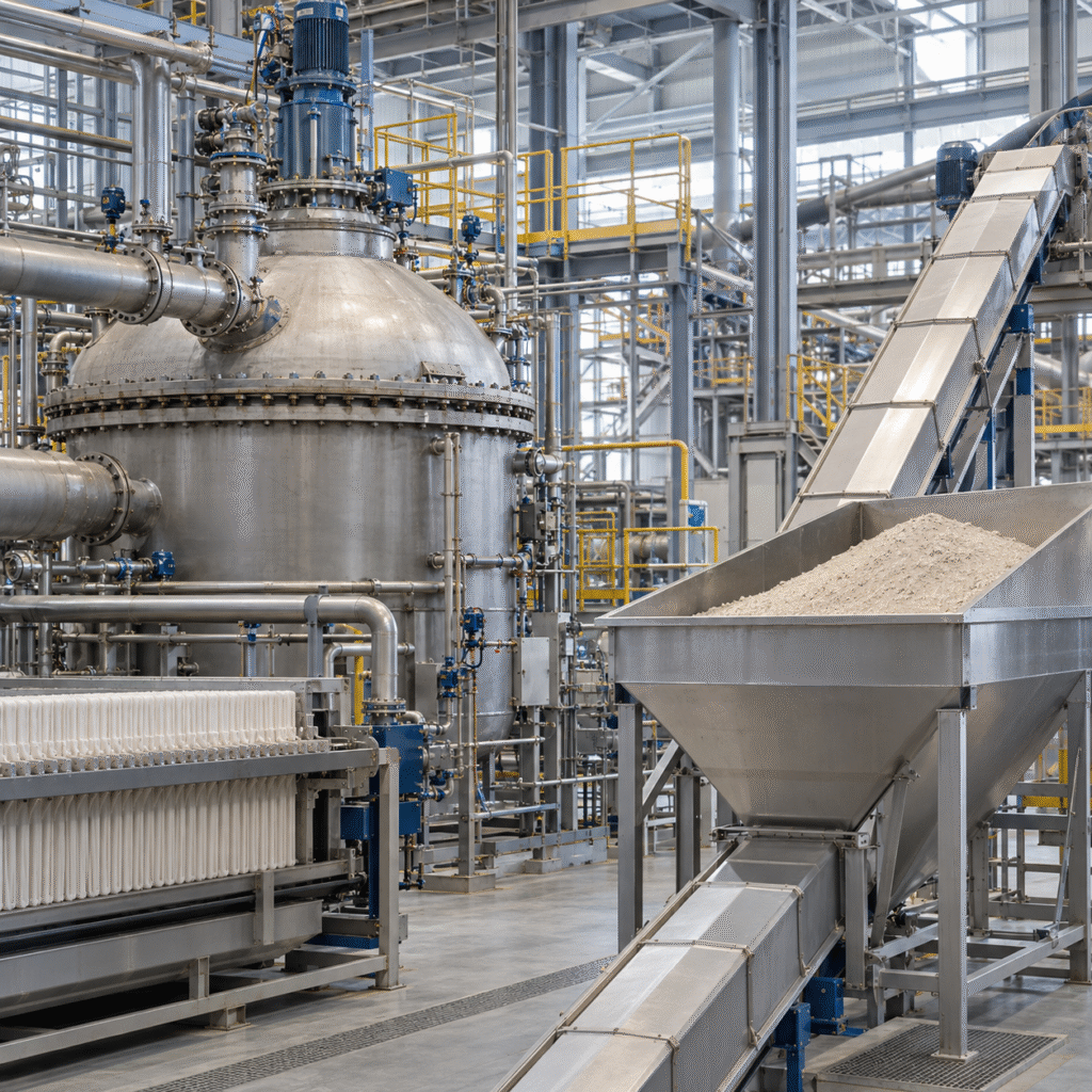 Industrial nitrophosphate fertilizer plant with enclosed reactors and filtration equipment