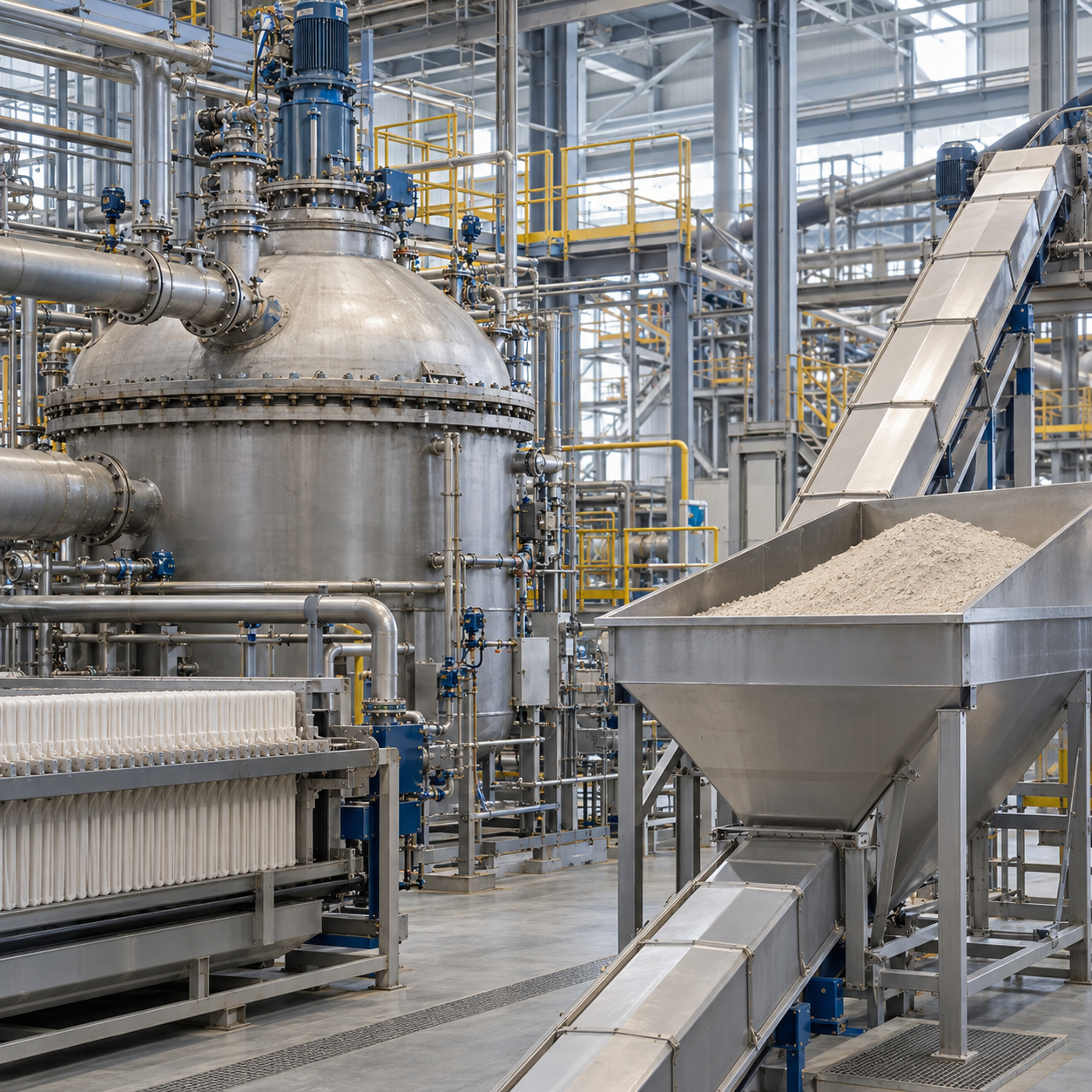 Industrial nitrophosphate fertilizer plant with enclosed reactors and filtration equipment