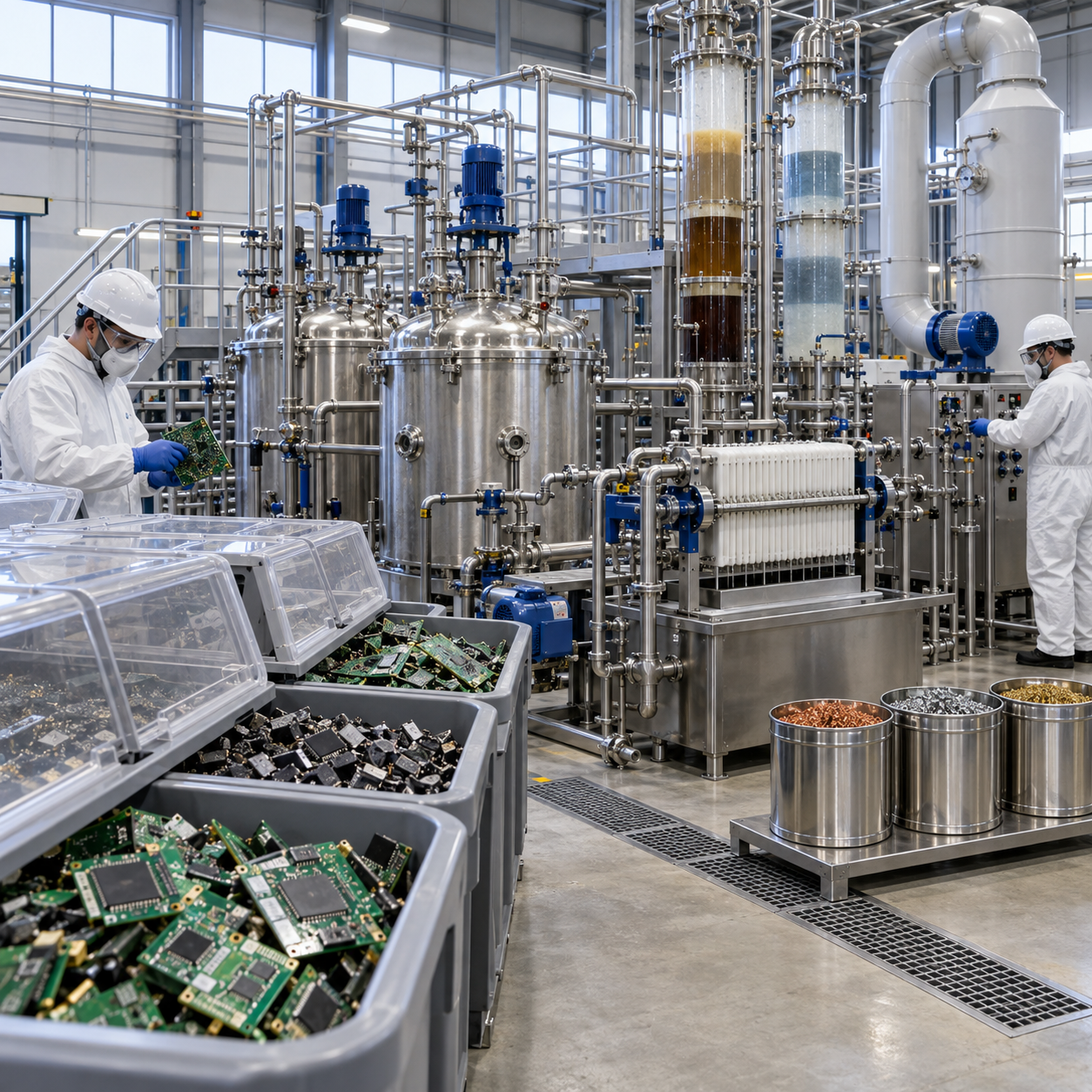 Closed small e-waste hydrometallurgy pilot using nitric acid leaching filtration and NOx scrubbing