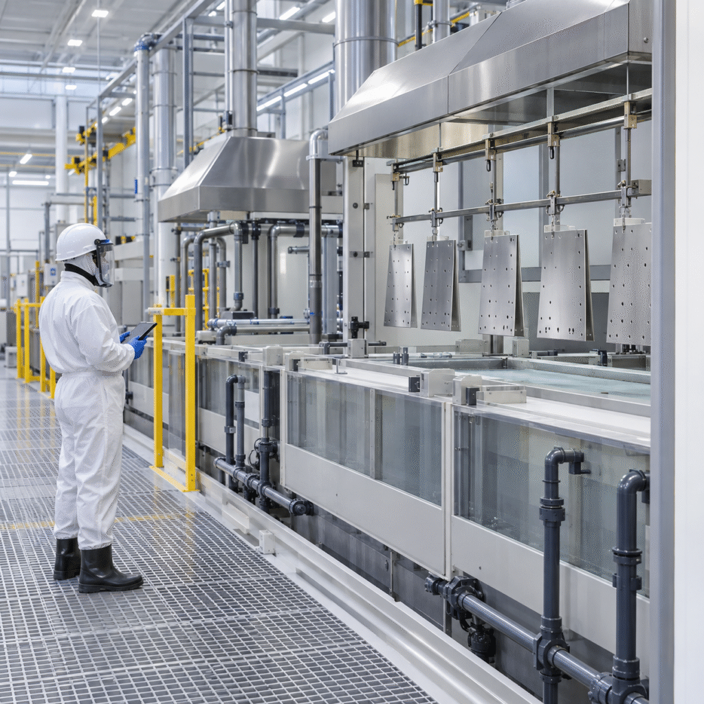 Technician monitoring a closed titanium pickling line supplied with nitric acid