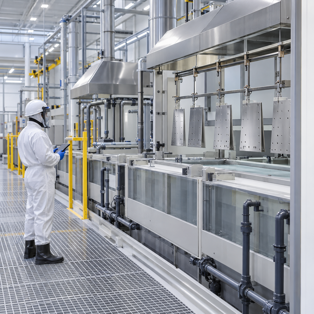 Technician monitoring a closed titanium pickling line supplied with nitric acid