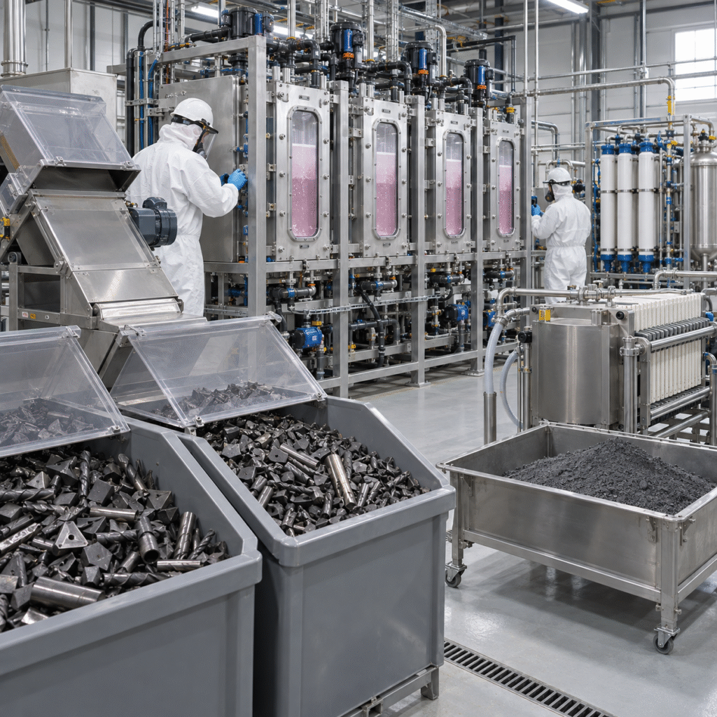 Closed electrochemical recycling pilot separating cobalt from tungsten carbide scrap with nitric acid