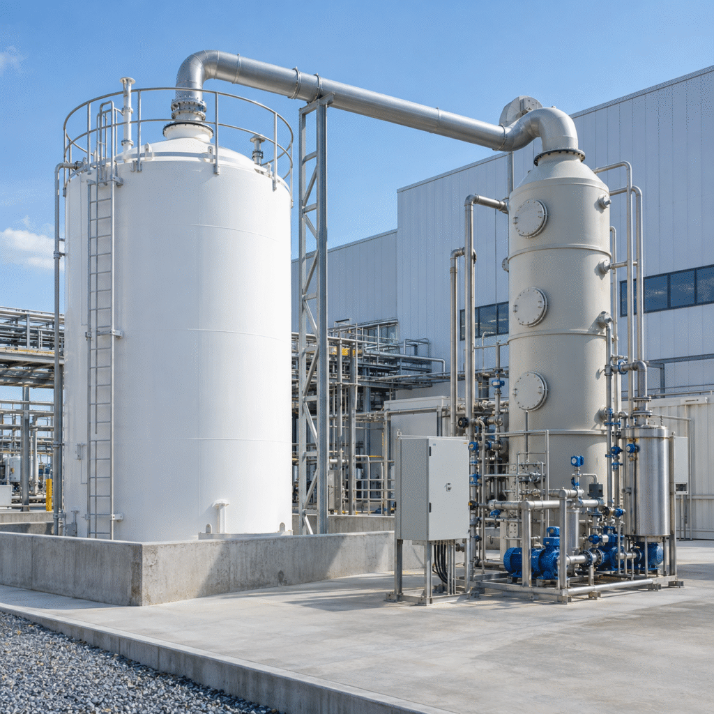 Industrial nitric acid storage tank connected to a packed tower NOx scrubber and monitoring equipment